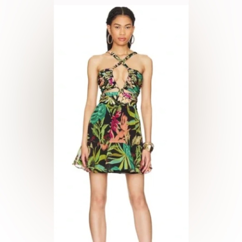 Pat Bo Tropical Print Cutout Mini Dress - Black Multi